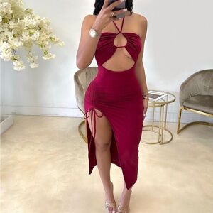 Wine red cut out maxi dress with adjustable leg slit
